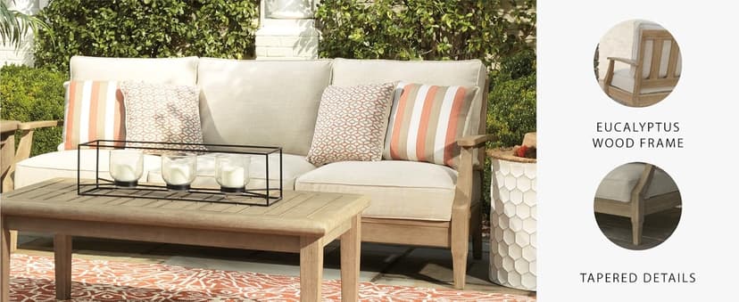 Signature Design by Ashley Clare View Coastal Outdoor Patio Eucalyptus Sofa with Cushions, Beige
