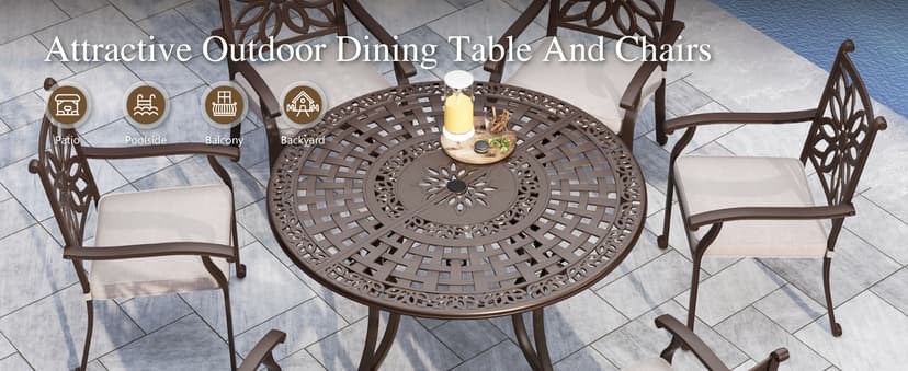 Sophia & William 7 Pieces Cast Aluminium Patio Dining Furniture Set for 6, Powder-Coating Outdoor Dining Chairs and Round Table with 2.2" Umbrella Hole for Porch Backyard Deck, Bronze