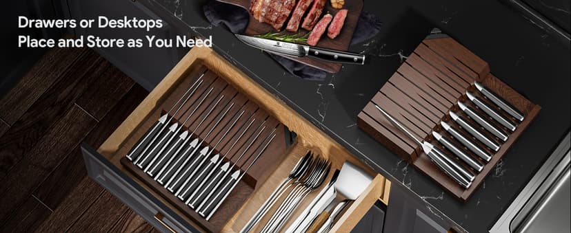 Steak Knives Set of 8 with Drawer Organizer Built-in Sharpener, 4.6 Inch Non Serrated Dinner Knife, Forged German Steel Damascus Pattern Straight Edge Meat Knife with Full Tang Handle, Black