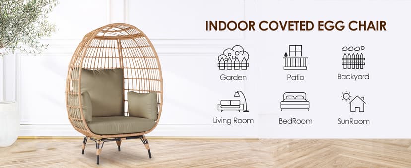 Oversized Wicker Egg Chair Set of 2, Outdoor Indoor Lounger with 4 Cushions, 440lb Capacity, Egg Basket Chair for Living Room, Backyard, Balcony, Patio, Black