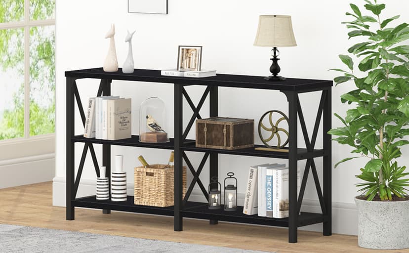 IBF Black Console Table, Modern Industrial Sofa Table with 3 Tier Storage Shelves, Farmhouse Wooden Metal Entryway Table for Living Room, Hallway, or Foyer, Black Oak, 63 Inch