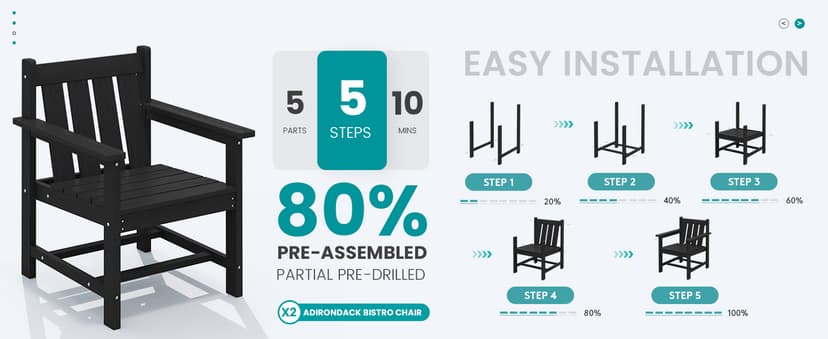 SERWALL 3 Pieces Patio Bistro Set, All Weather Adirondack Chair Set with Side Table, HDPE Material Outdoor Patio Furniture Set for Balcony, Porch, Garden, Backyard- Black