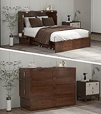 Murphy Bed Cabinet Full with Tri-Folding Mattress, Solid Wood Murphy Bed with 2 USB & 2 Charging Ports, Large Storage Drawer for Home Office or Small Space, Ebony Wood Color