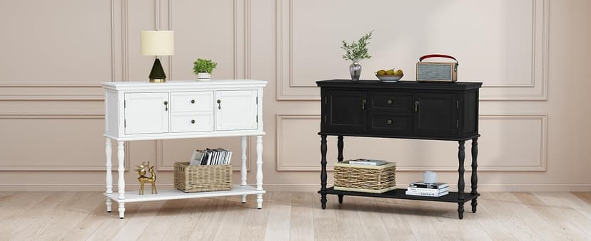 ARTPOWER Console Table with 2 Drawers, Retro Entryway Table with 2 Door Cabinets and Open Storage Shelf, Narrow Long Behind Couch Sofa Table for Living Room, Foyer, Hallway, Black