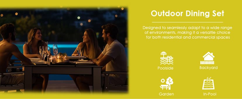 GREENVINES 7-Piece Outdoor-Dining-Set | HDPE Plastic 67'' Table and Chairs Sets for 6 | Patio Furniture | All Weather | Umbrella Hole | Black | for Poolside Garden Backyard