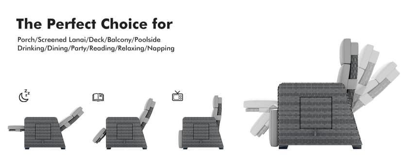 Outdoor Recliner Patio Chair, All-Weather Wicker Furniture Reclining with Air Pump, 150° Lay-Flat Position, Extended Footrest, Flip-Up Side Table, Removable Gray Olefin Cushions