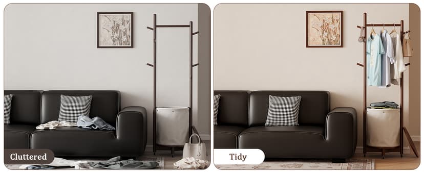 Solid Wood Coat Rack with Fabric Basket - Coat Hanger Stand Coat Tree Rack Freestanding with 9 Hooks Wheels, Small Clothes Rack For Entryway Bedroom Hallway Living Room