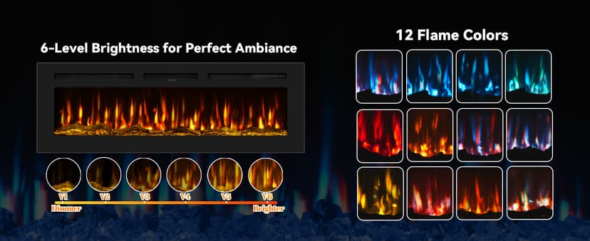 60 Inch Electric Fireplace in-Wall Recessed and Wall Mounted, Ultra-Thin Linear Fireplace Heater 750/1500W with Realistic Flame, Higher Temperatures & Lower Noise, Log Set & Crystal Options