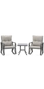 COSIEST 3 Piece Bistro Set Patio Rocking Chairs Outdoor Furniture w Warm Gray Cushions, Glass-Top Table for Garden, Pool, Backyard