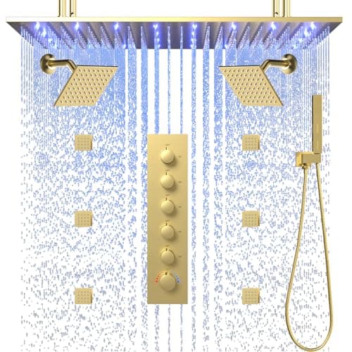 Enga 5 Modes Shower System, 16x32 Inch LED Ceiling & Dual 6 Inch Wall Mounted Shower Head, 6 Body Jets with On-Off Switch, 2-in-1 Handheld, Luxury Shower Faucet Set for Couples, Brushed Gold