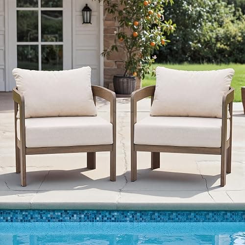 Metal Outdoor Patio Chairs Set of 2 with 6 Inch Cushions,Beige | 350LBS Load,Water-Resistant Fabric,Removable Cover,Wood Grain Finish,High Density Cushion,Ideal for Backyard,Porch,Balcony
